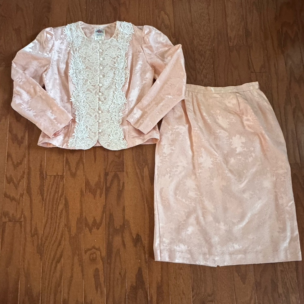 Vtg 80s‎ Lanz Originals Pink Brocade Lace Suit Romantic Cottagecore Sz 12